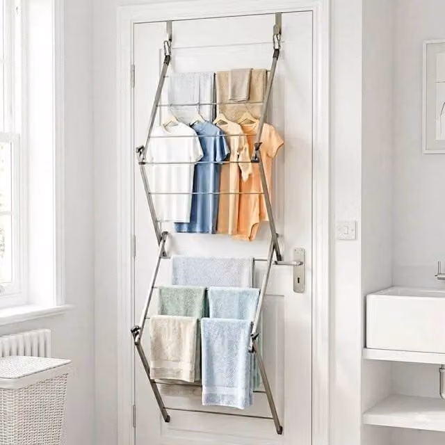 FORGEVIO Foldable Metal Towel and Clothes Drying Rack in Silver, W: 50 cm x D: 10 cm x H: 50 cm