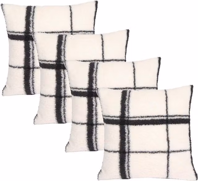 OHS Pack of 4 White Checked Teddy Fleece Square Cushion Covers