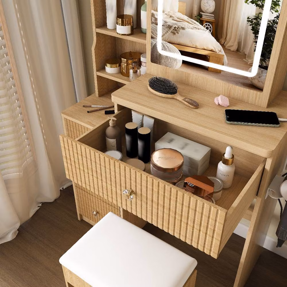 Rolipo Modern Vanity Desk with LED Lights, 4 Drawers and Power Socket in Sand – 6