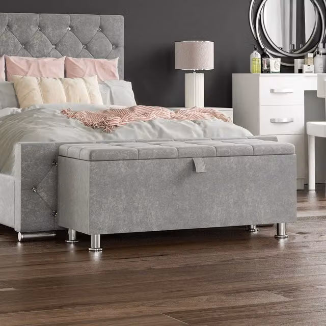 Vida Designs Valencia Rectangular Fabric Storage Ottoman in Silver Grey Velvet