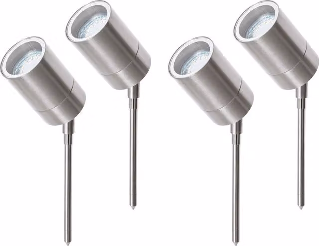 Kenn Outdoor 4 Pack of Solar IP44 Ground Spike Garden Lights in Silver Stainless Steel