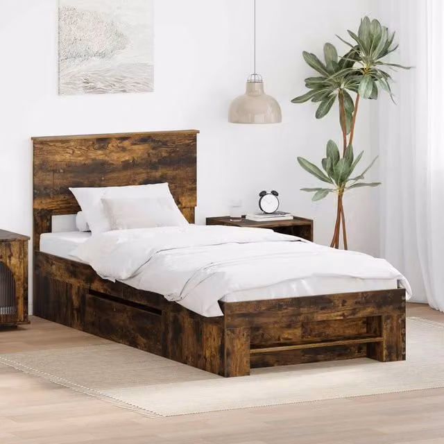 Berkfield Home Modern Bed Frame with Headboard in Smoked Oak Brown, W/D/H: 80 x 200 cm