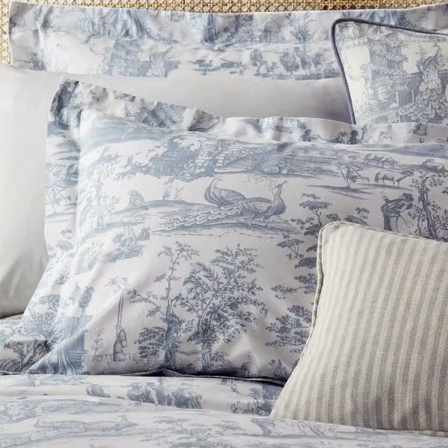 Laura Ashley Braysmith Toile Oxford Pillowcase in Chambray Blue Cotton Percale