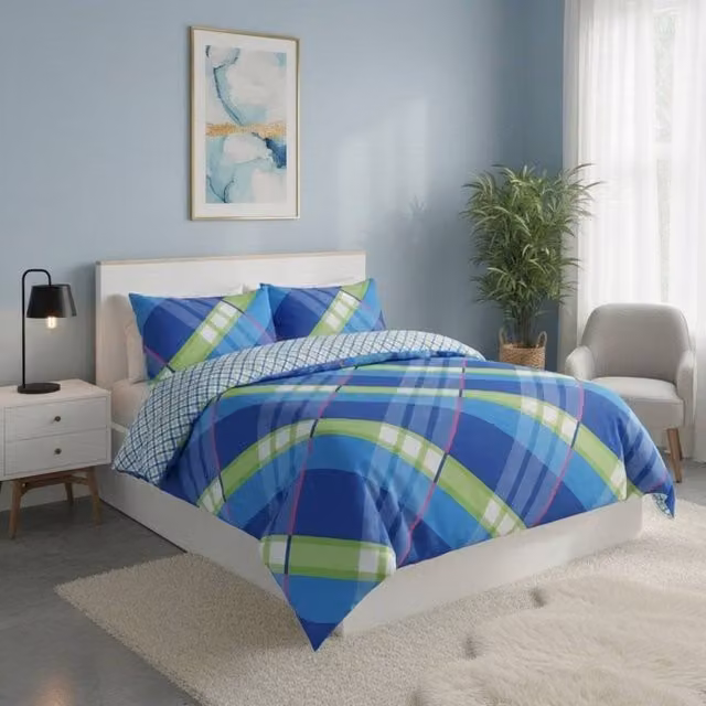 Snug City Reversible Blue Geometric Pattern Duvet Cover and Pillowcase Set, 140 x 200 cm