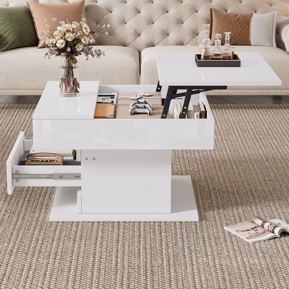 Matteo White High-Gloss Rotating Coffee Table with Lift-Top Storage, W/D/H: 70 x 70 x 70 cm – 2
