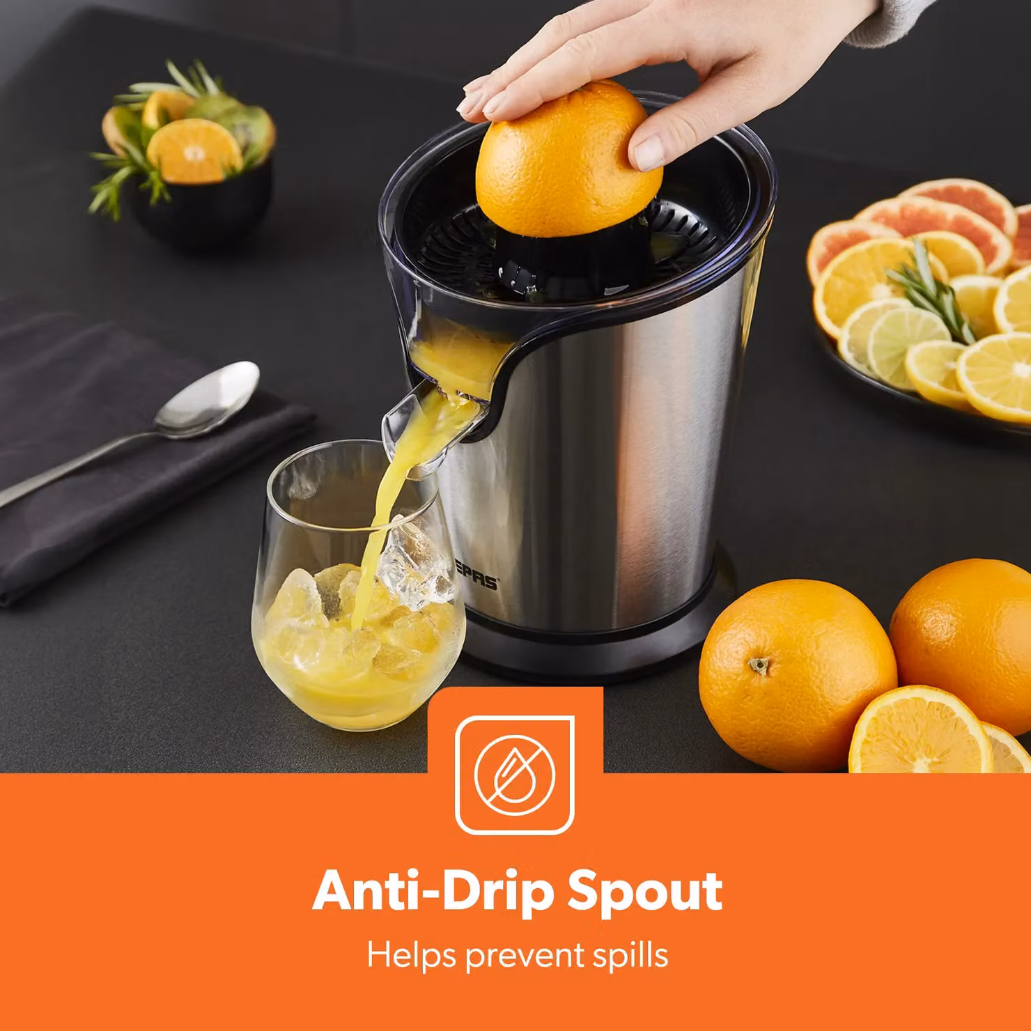 Geepas 100W Electric Citrus Juicer and Orange Squeezer in Metallic Silver – 5
