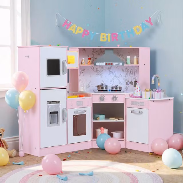 Costway Wooden Pretend Play Kitchen Toy in Pink