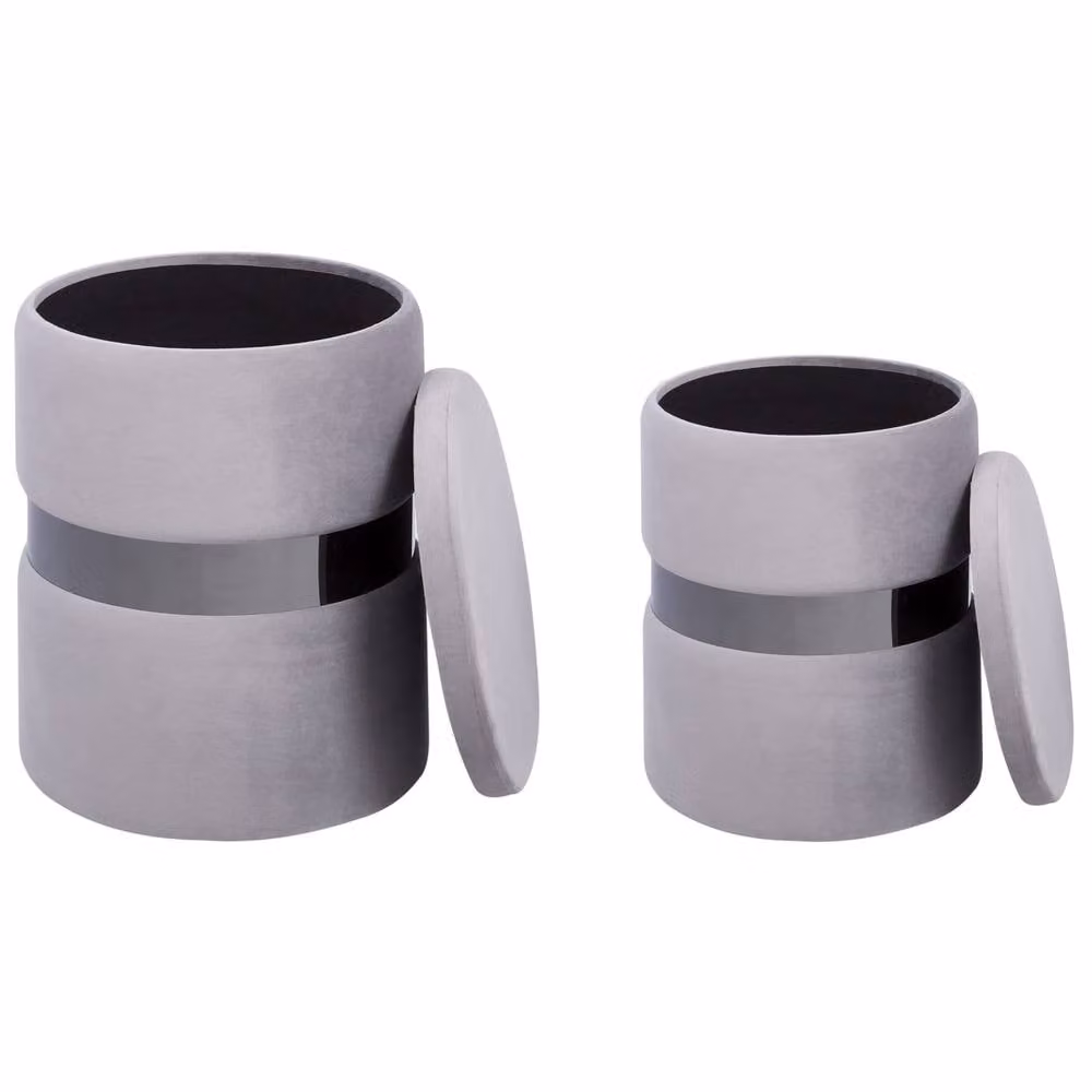Wyld and Coco Set of 2 Grey Velvet Cylindrical Storage Pouffes with Stainless Steel Metal Frame – 3