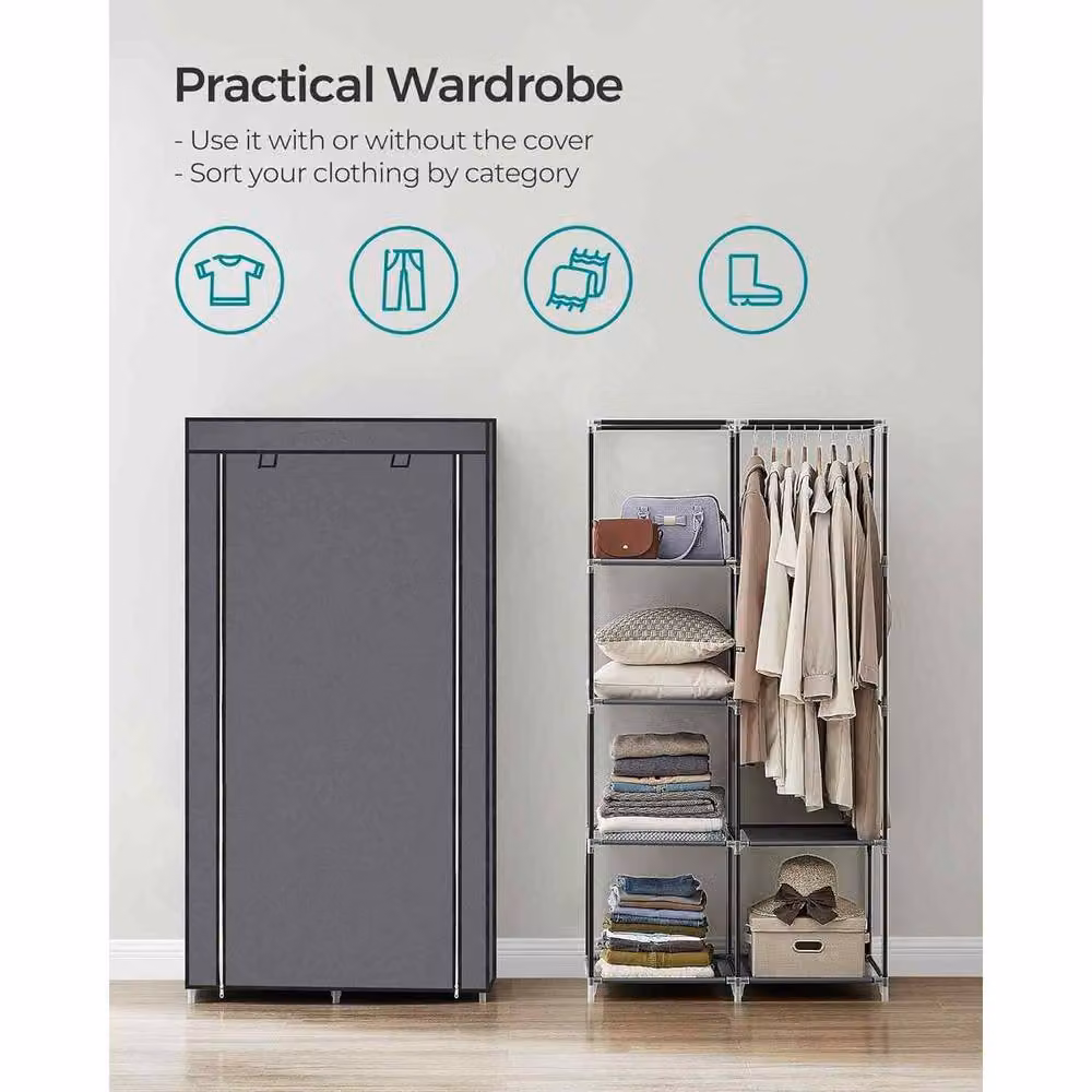 The Bazaarist Grey Fabric Wardrobe with Hanging Rail and 6 Shelves – 2