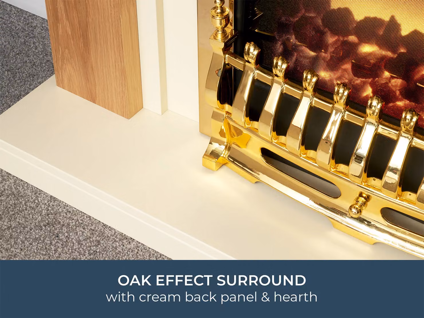 Adam Fires & Fireplaces Chilton Fireplace in Oak and Cream with Blenheim Electric Fire in Brass and Metallic Gold – 3