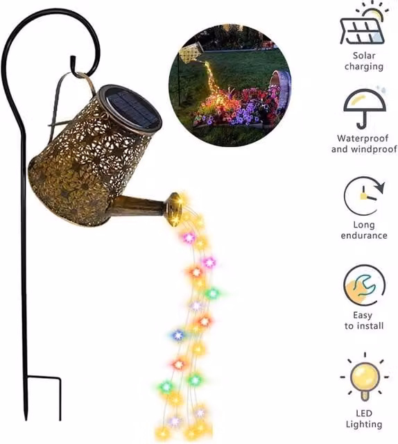 NESTLUNE Solar LED Watering Can Hollow Outdoor Garden Decor Lamp in Bronze – 1