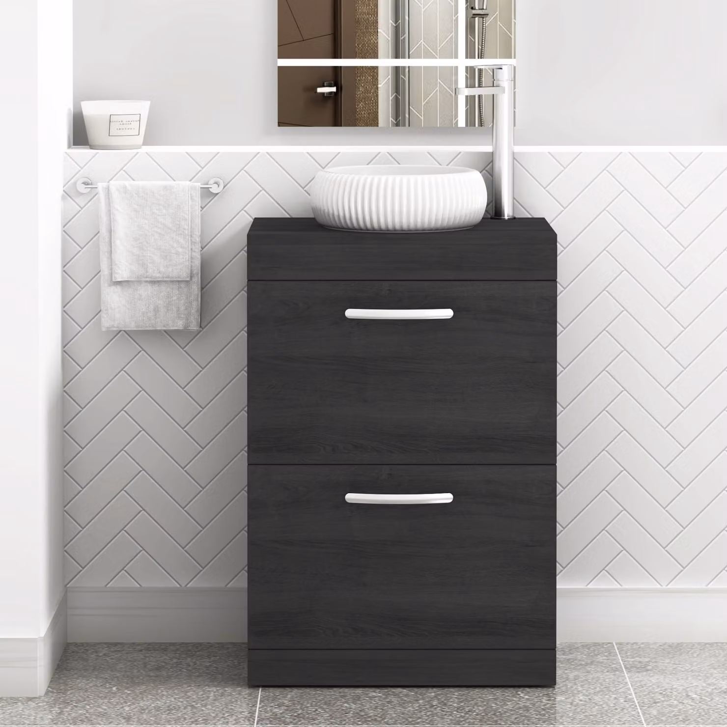 Royal Bathrooms Turin 500mm Floor Standing 2 Drawer Vanity Unit with Countertop Basin in Matt Black