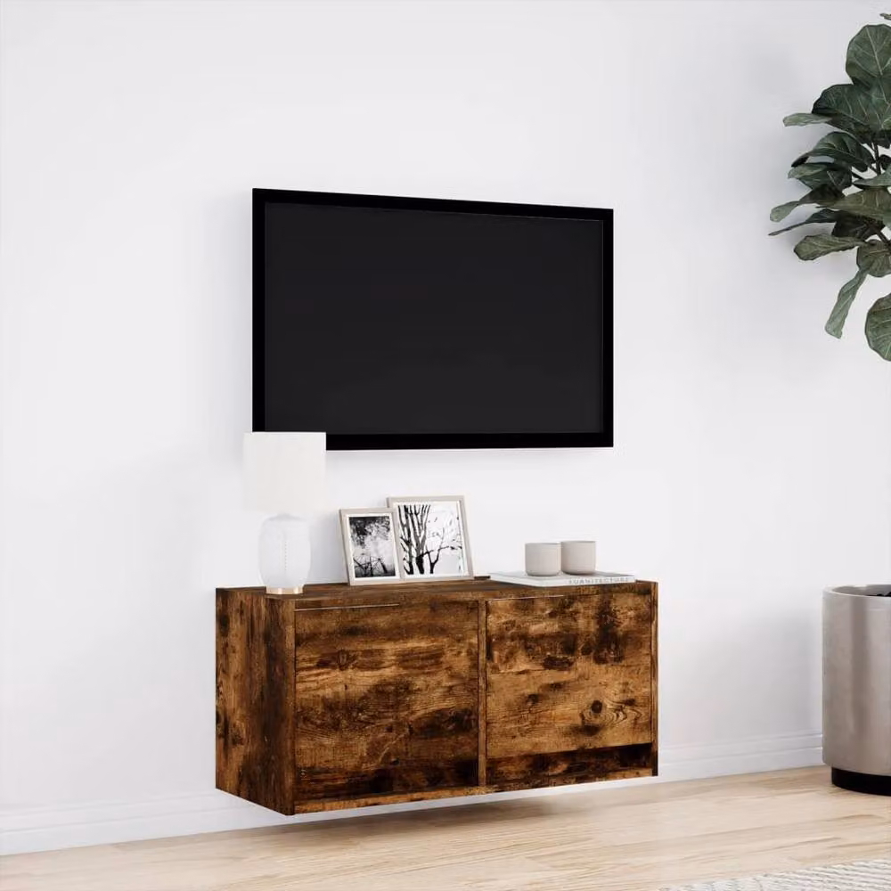 Berkfield Home TV Wall Cabinet with LED Lights in Smoked Oak Brown, W/D/H: 80 x 31 x 35 cm – 3