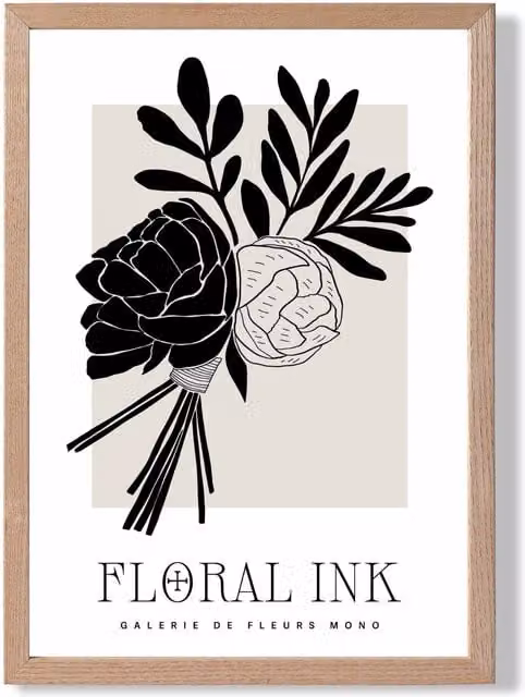 ARTZE Black and Beige Closed Peonies Floral Ink Sketch Framed Print with Oak Wood Frame, A2 – 1