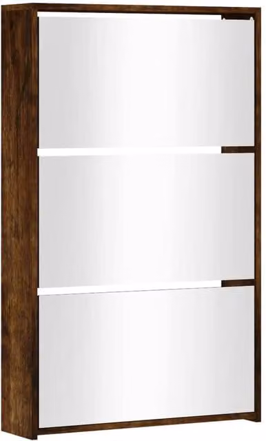 Berkfield Home 3-Layer Shoe Cabinet with Mirror in Smoked Oak Brown, W: 63 cm, D: 17 cm, H: 102.5 cm