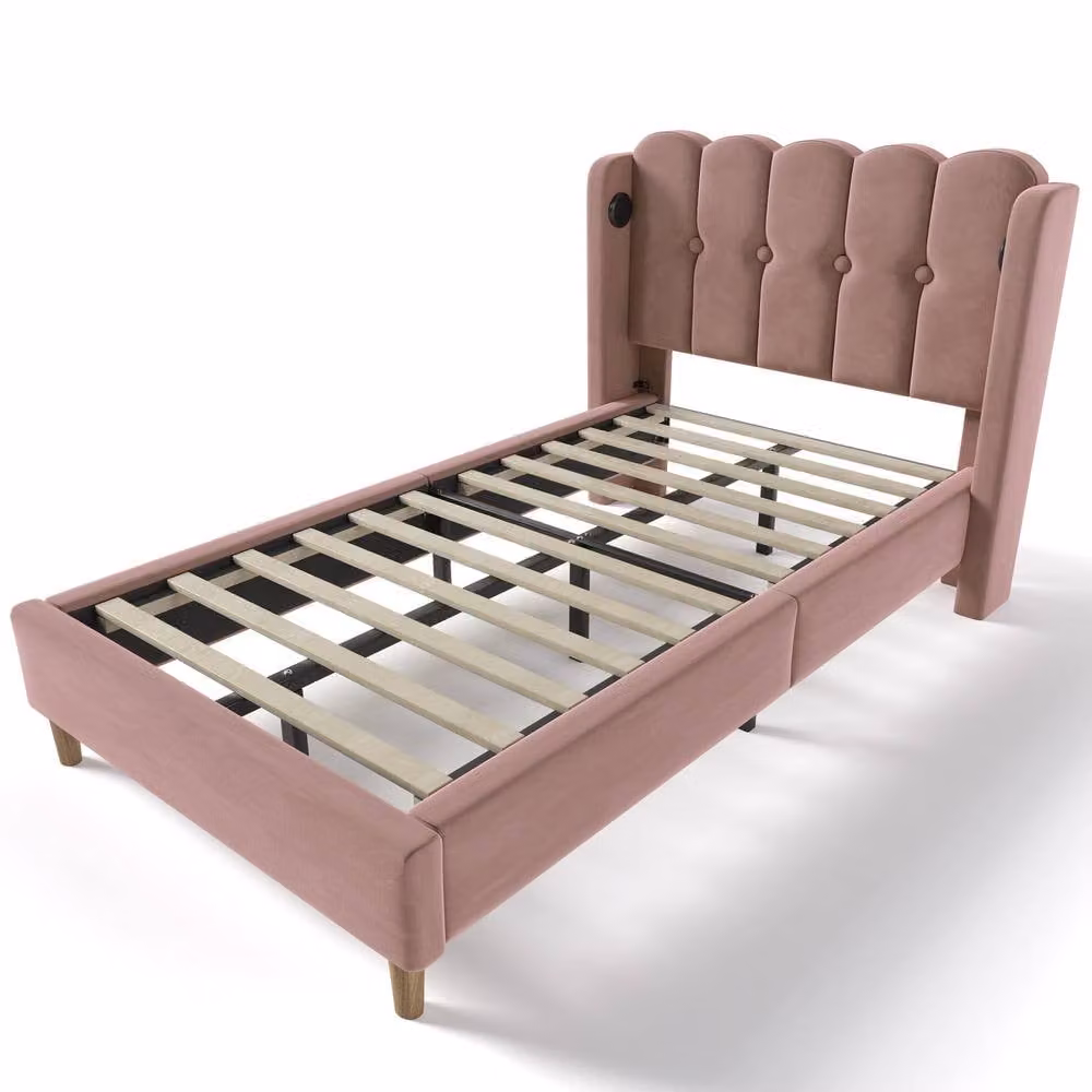 Rolipo Pink Velvet Single Bed Frame with USB Charging, W: 90 cm, D: 190 cm – 1