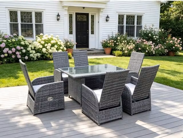 Fimous Rectangular Rattan Dining Set with Glass Top in Dark Grey