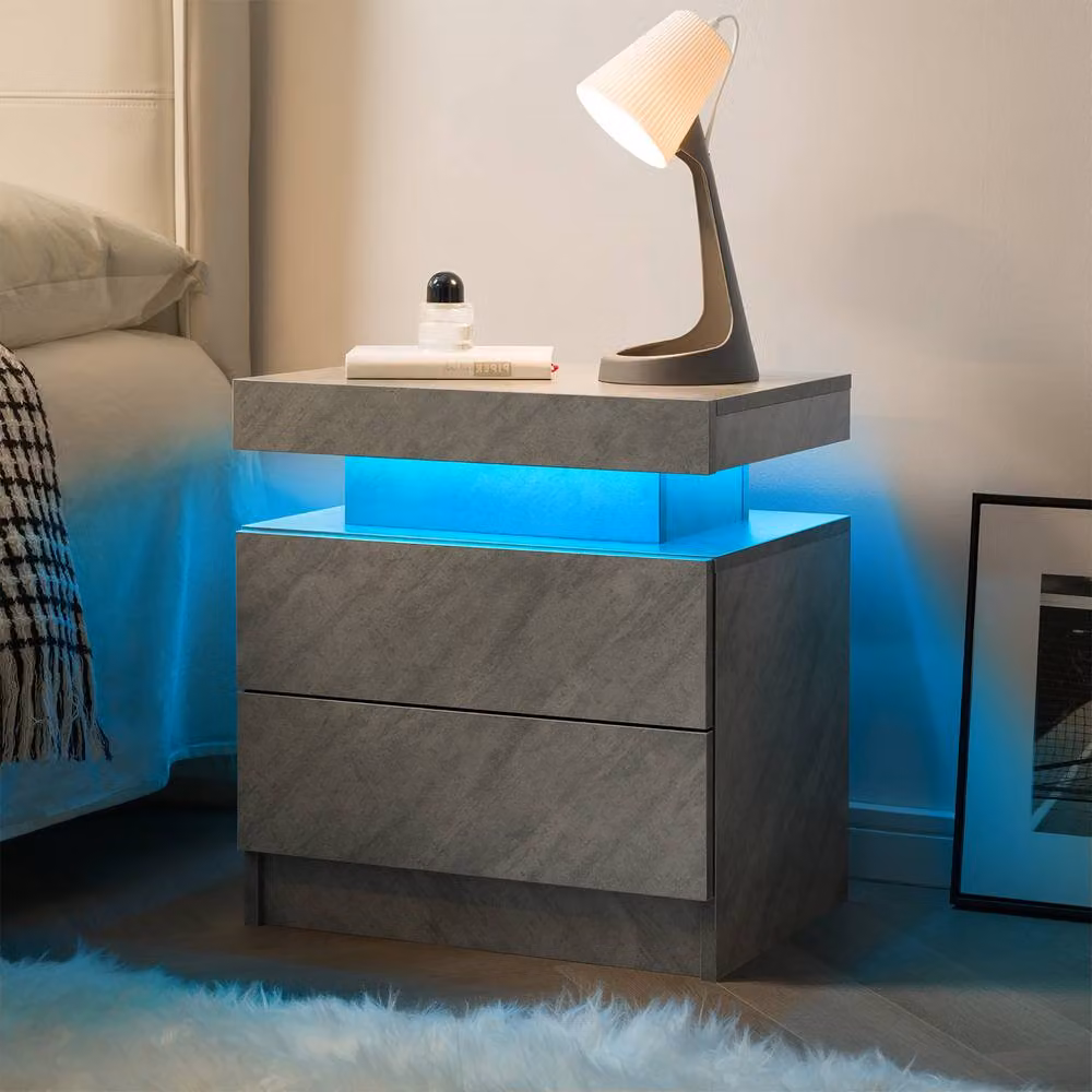 Matteo Modern LED Bedside Table with 2 Drawers and Integrated Under-Bed Lighting in Grey – 2