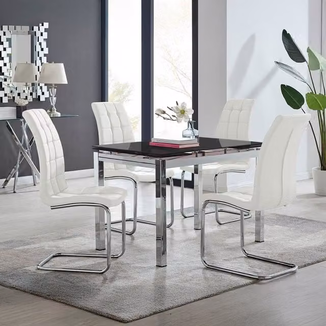 Furniturebox Enna Black Glass Extending Dining Table and 4 White Murano Chairs