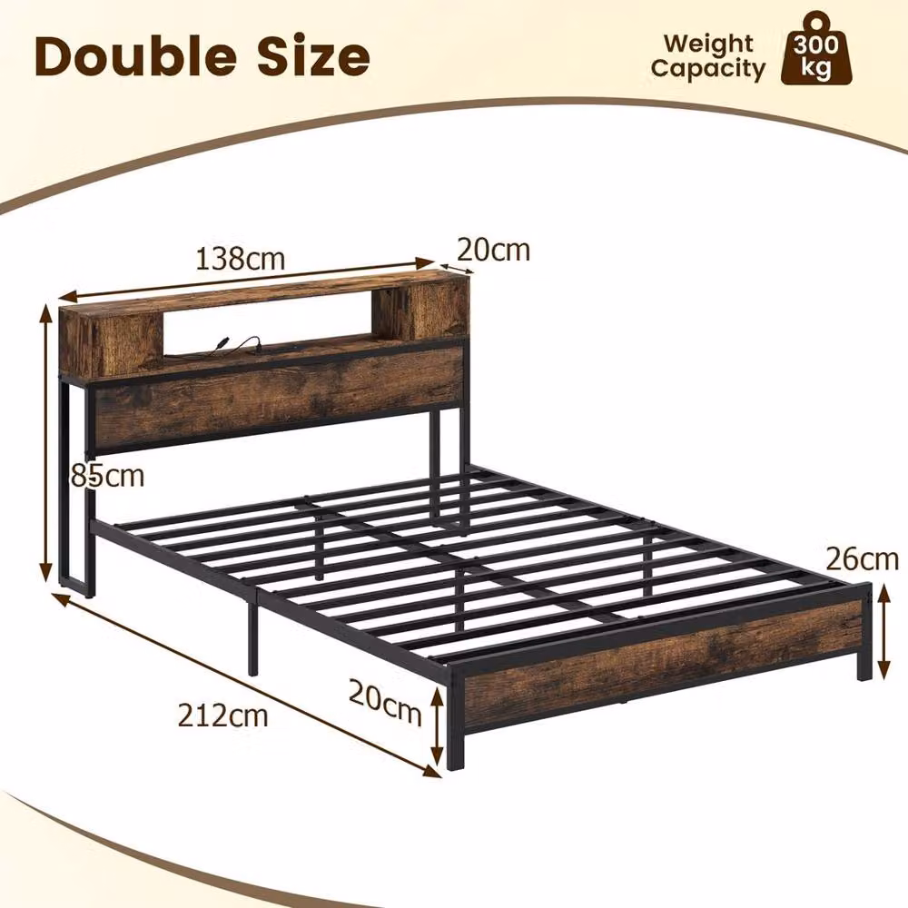 Kelvenix Double Bed Frame in Brown with Under-Bed Lighting, USB Charging Ports and Side Compartments, W: 140 cm, L: 200 cm – 2