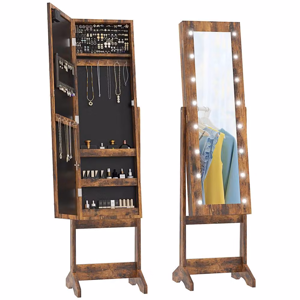 STILVORA Freestanding Jewellery Storage Cabinet with LED Mirror in Brown – 4