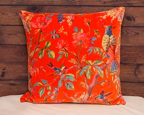 Paoletti Paradise Square Cushion Cover in Orange with Bird Print, Velvet Feel Cotton Fabric, W/D/H: 50 x 50 x 50 cm – 2
