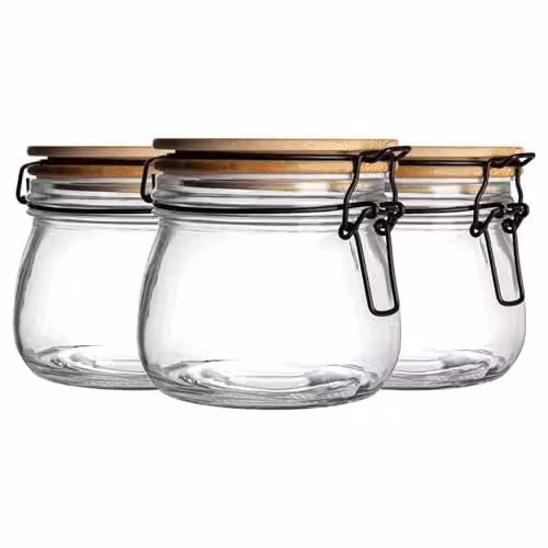 Argon Tableware Glass Storage Jars with Airtight Wooden Clip Lids, 500ml, Pack of 6, White and Transparent