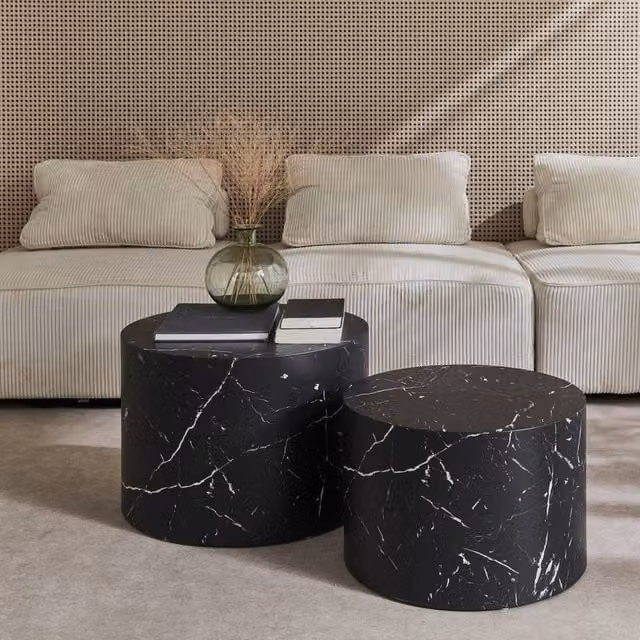 sweeek Pair of Round Black Marble-effect Nesting Coffee Tables – 1