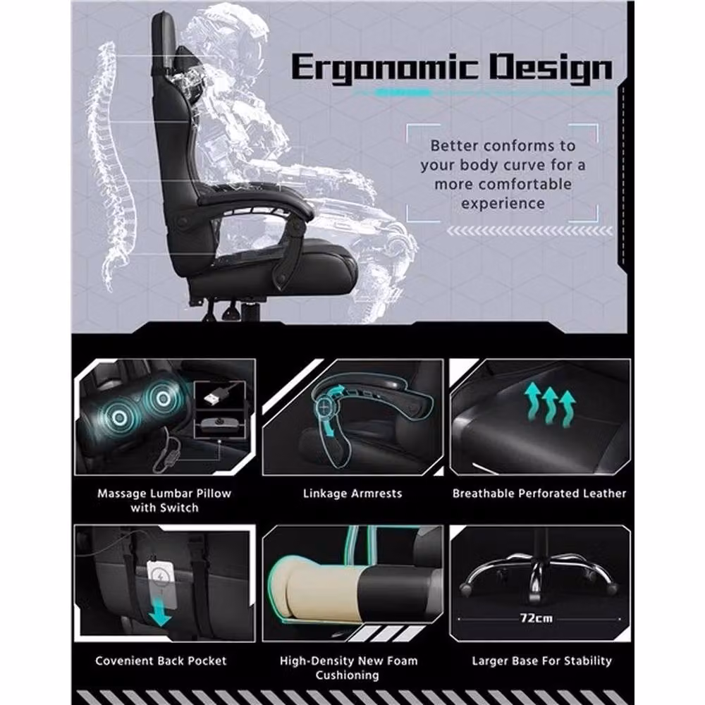 KORVIXA Ergonomic Swivel Gaming Chair in Black with Synthetic Leather and Headrest – 4