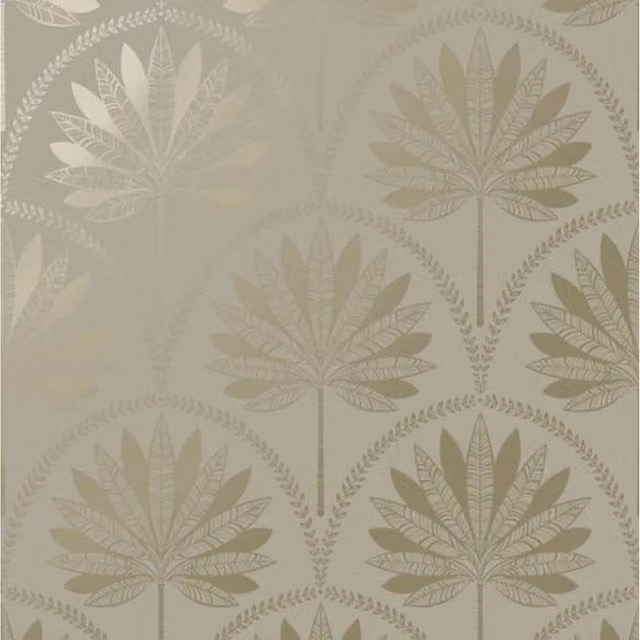 Holden Decor Tropical Palm Tree Leaves Feature Wallpaper in Grey, Gold and Silver