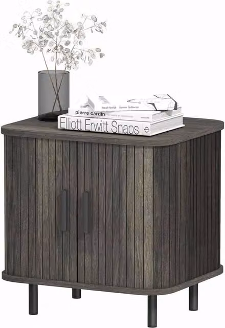 KORVIXA Grey Nordic Bedside Table with Sliding Doors and Metal Legs