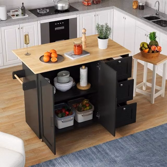 BTM Rolling Kitchen Island with Foldable Top, 3 Drawers and 2 Doors in Black, H 90.0 x W 70.0 x D 70.0 cm
