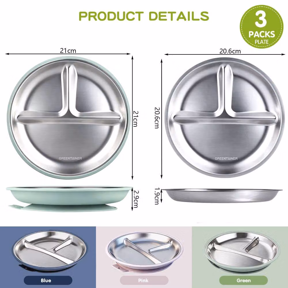 Greentainer 3-Piece Multicolour Silicone Divided Feeding Set with Suction Base and Stainless Steel – 3