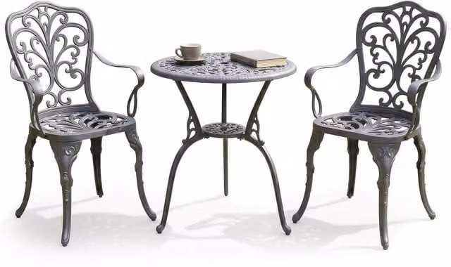 Centurion Supports Bangui 2 Chairs Bistro Set in Grey and Black with Floral Vintage Design and Matt Metal Finish
