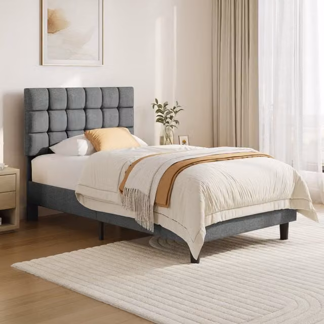 Yaheetech Modern Upholstered Platform Bed with Square Tufted Headboard in Grey