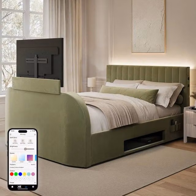 X Rocker Maisie 5.1 Ottoman TV Lift Bed with Surround Sound, App Controlled LED and USB Charging Port in Green Velvet, Size: Double (140 x 200 cm)