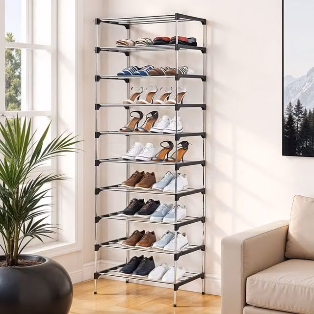 Komore 10-Tier Tall Metal Shoe Rack in Silver and Black