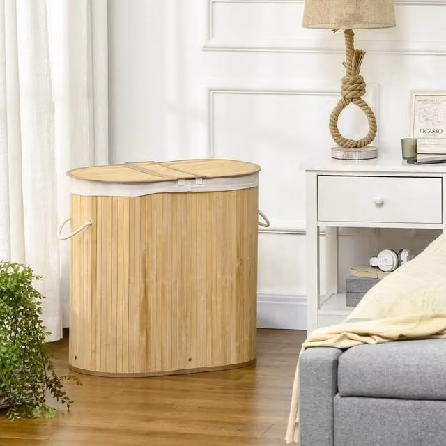 EONLION 100L Bamboo Laundry Basket with Removable Bag in Beige