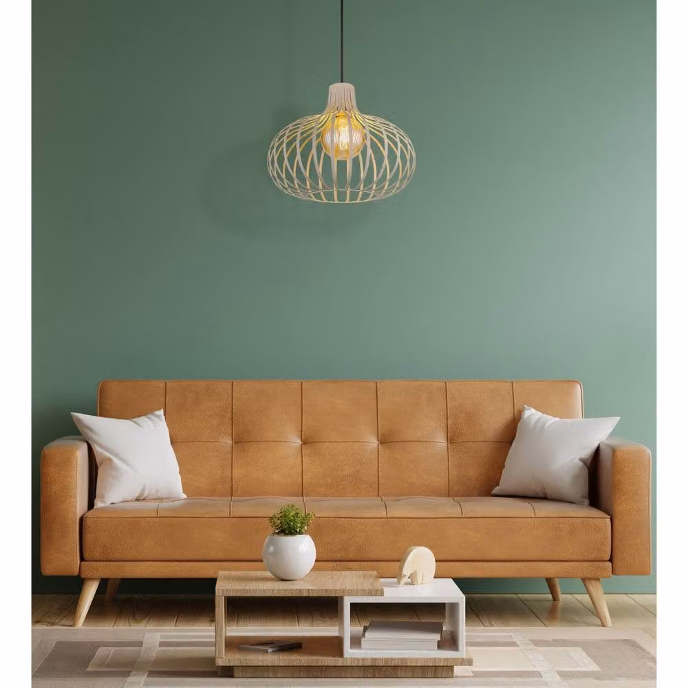 Netlighting Mateo Round Wire Frame Pendant Ceiling Light in Beige Metal with E27 Socket – 4