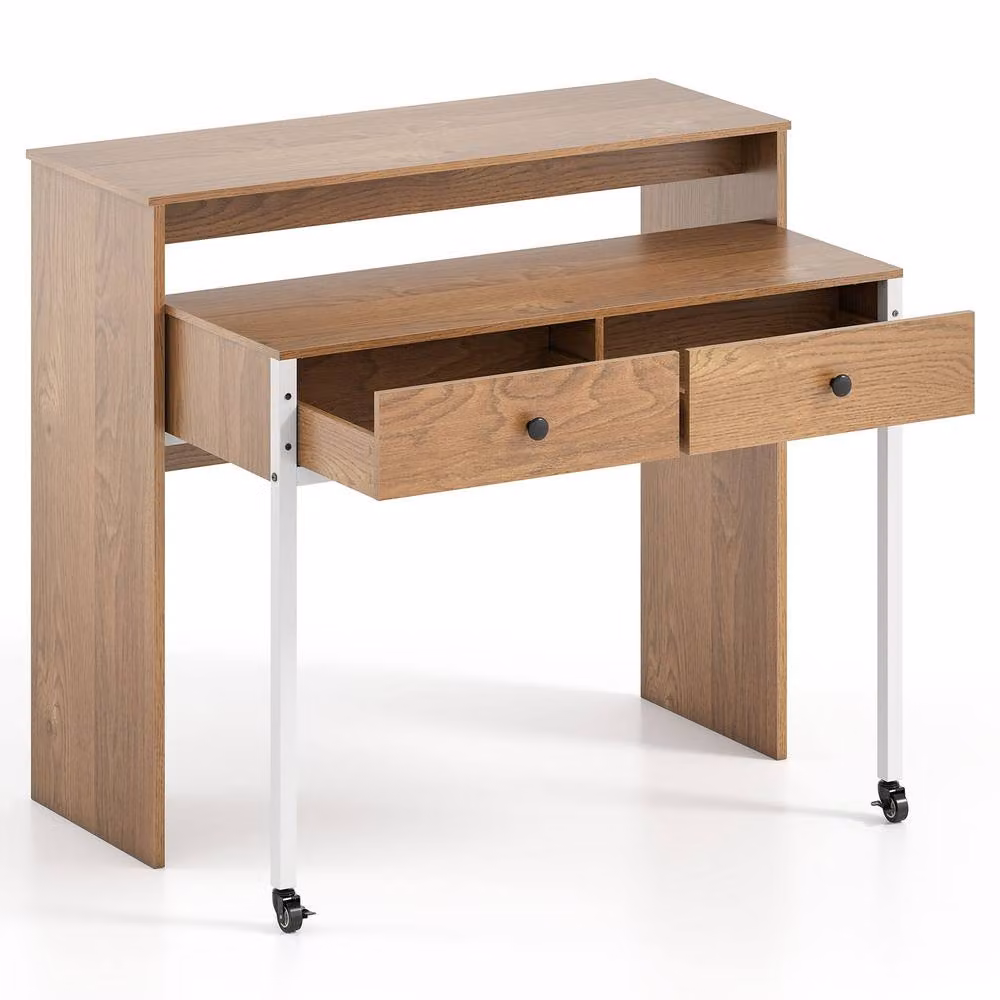 Costway Extendable Modern Computer Desk with Drawers and Castors in Brown – 2