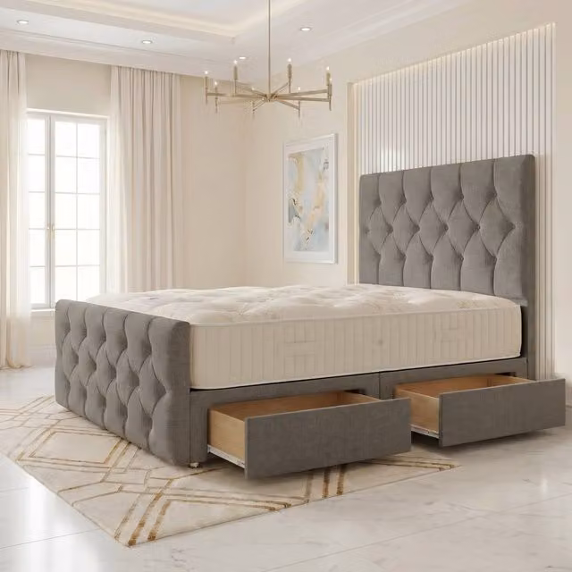 Somnior Ziggy Super King Linen Divan Bed with 2 Drawers, Headboard and Footboard in Silver Grey