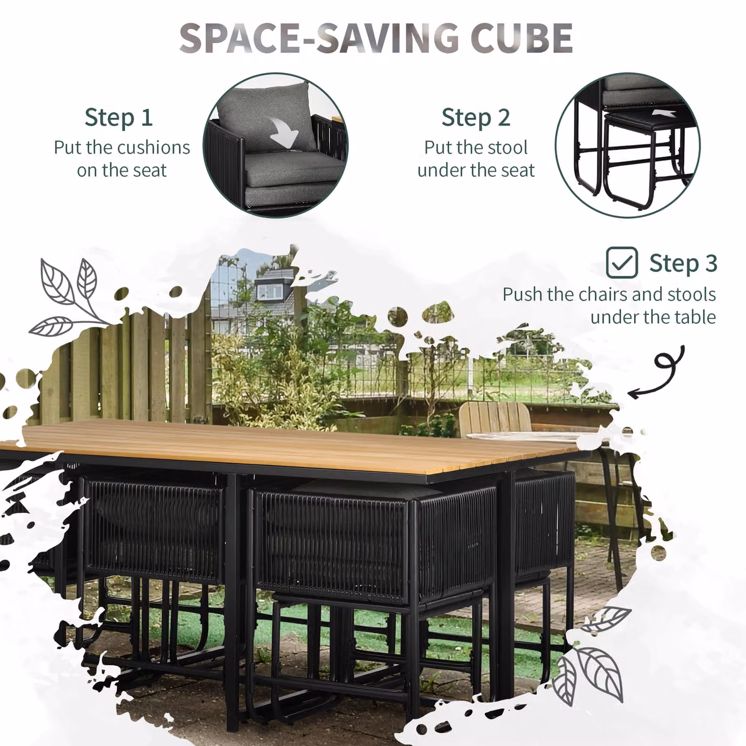 Outsunny 11-Piece PE Rattan Garden Dining Set with Wood Grain Plastic Top in Black – 5