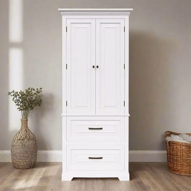 Teamson Home St. James Tall Linen Tower Cabinet in White with Bronze Hardware, featuring Two Doors, Two Drawers and Three Internal Shelves, H 158.1 x W 40.59 x D 35.4 cm – 1