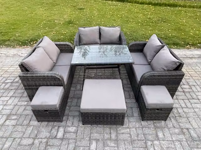 Fimous 9 Seater Outdoor Rattan Garden Furniture Set with Rectangular Dining Table and 3 Footstools in Dark Grey