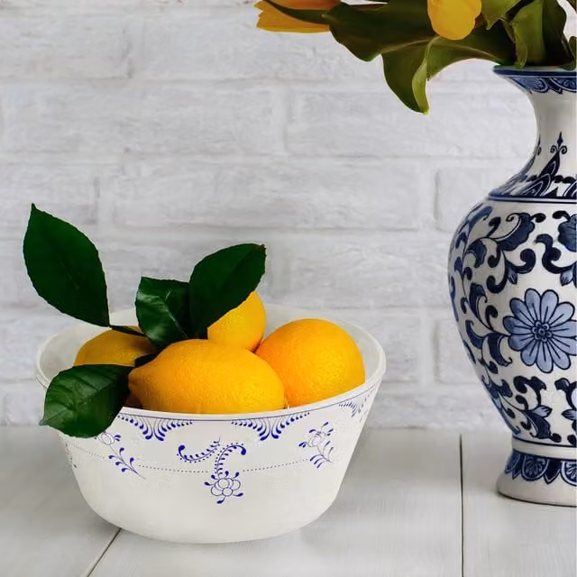 The Mia Marvy Series Floral Stoneware Salad Bowl in White and Blue