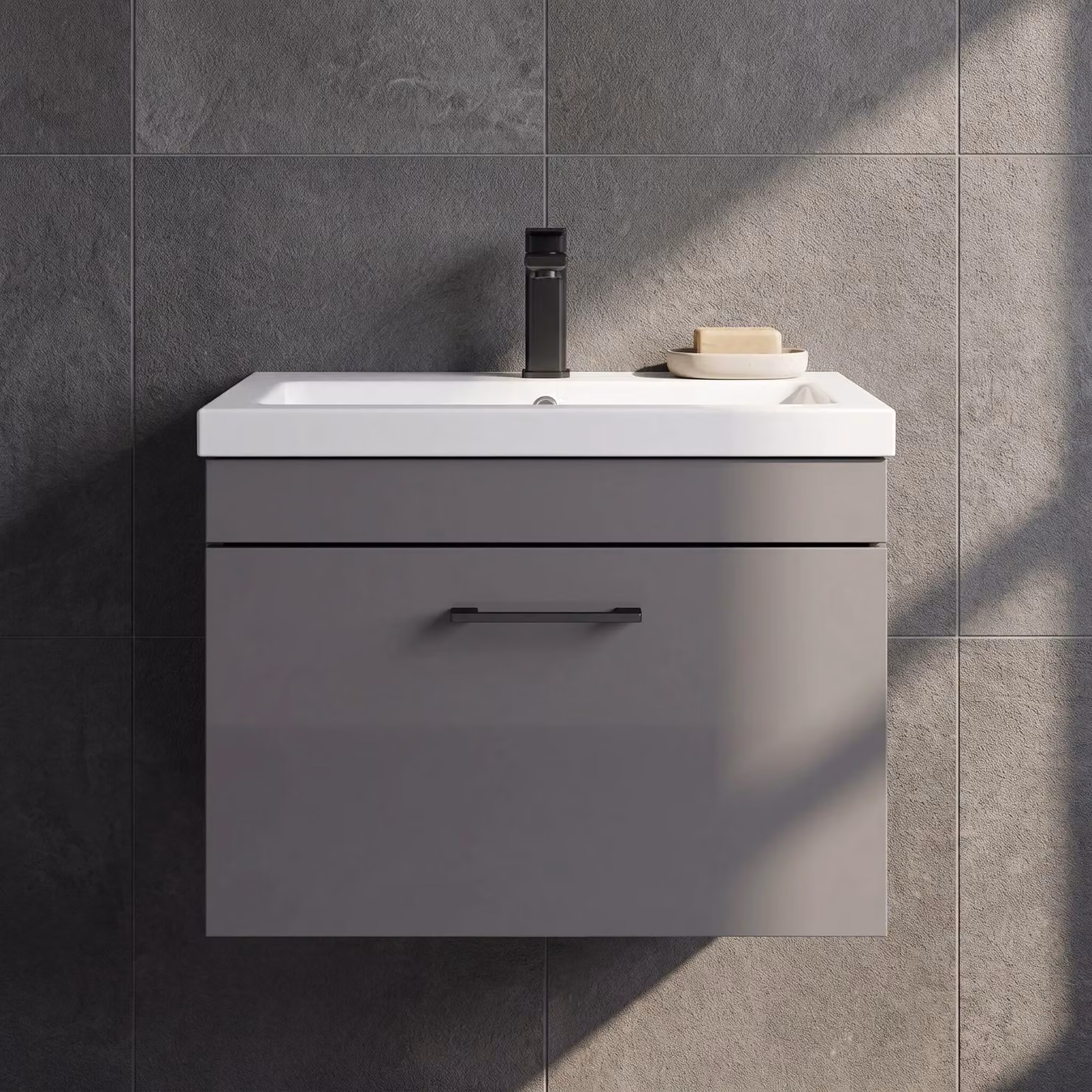 Balterley Modern Glossy Grey Wall Mounted Single Drawer Bathroom Vanity Unit with Basin W/D/H: 60 x 39 x 47.1 cm – 3