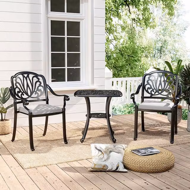 Livingandhome Classic Metal Garden Coffee Table and Chairs Set with Floral Design in Black