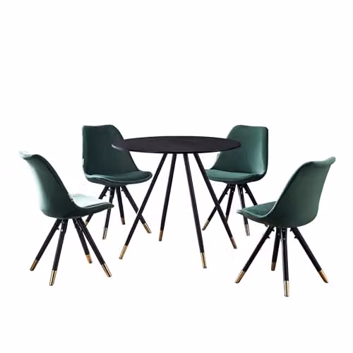 P&N Homewares Sofia Dorchester LUX Round Dining Set with 4 Green Velvet Chairs and Marble Effect Table in Black and Gold – 2