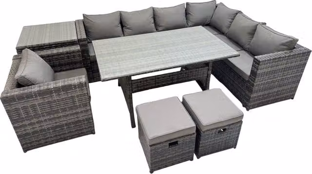 Fimous 9 Seater Patio Dining Corner Sofa Set with Chair and 2 Small Stools in Dark Grey