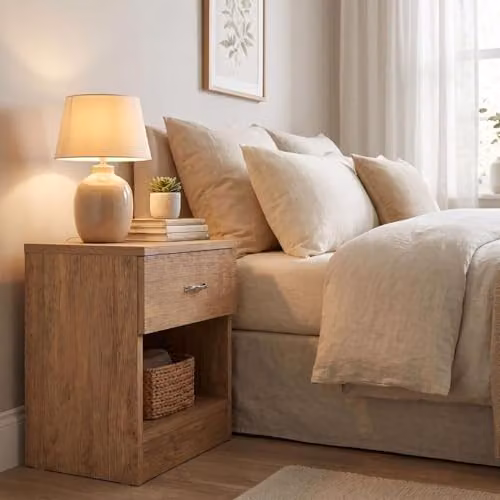 FWStyle Modern Oak Effect Bedside Table in Brown with One Drawer and Open Shelf, W/D/H: 47 x 40 x 36 cm – 2